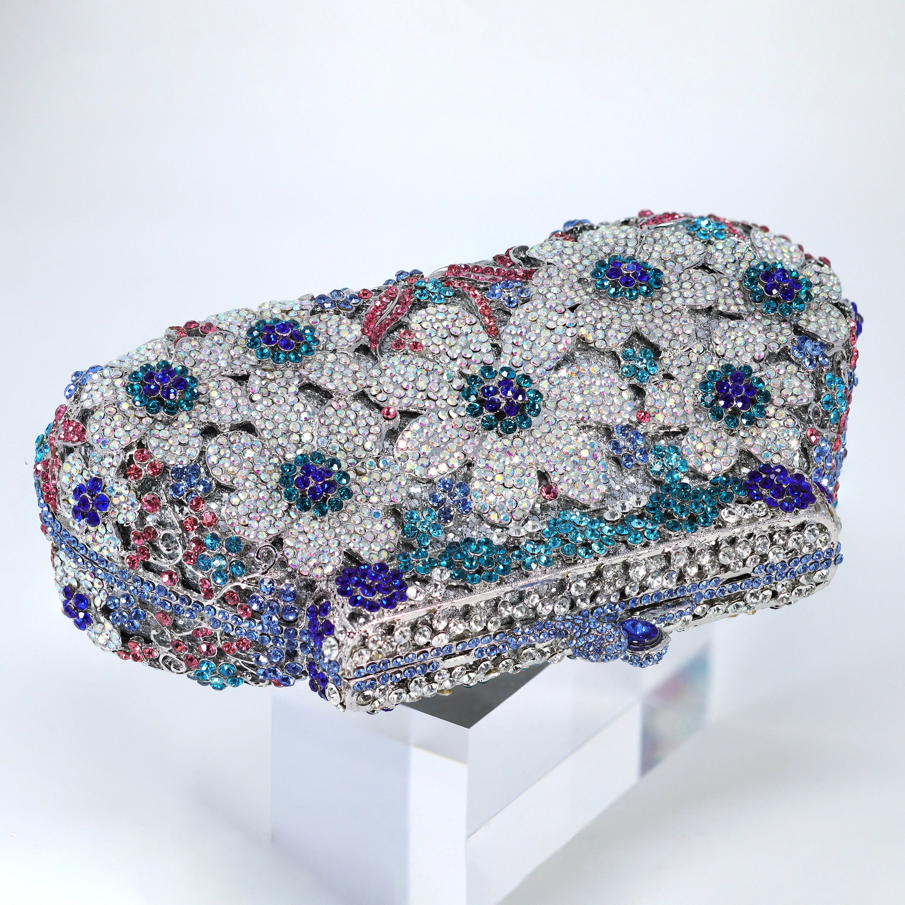 Silver Blue in Blues Floral Leaves Rhinestone Embellished Small Wedding Clutch, Statement Bag, Evening Wedding Clutch, Cross Body Bag