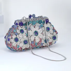 Silver Blue in Blues Floral Leaves Rhinestone Embellished Small Wedding Clutch, Statement Bag, Evening Wedding Clutch, Cross Body Bag