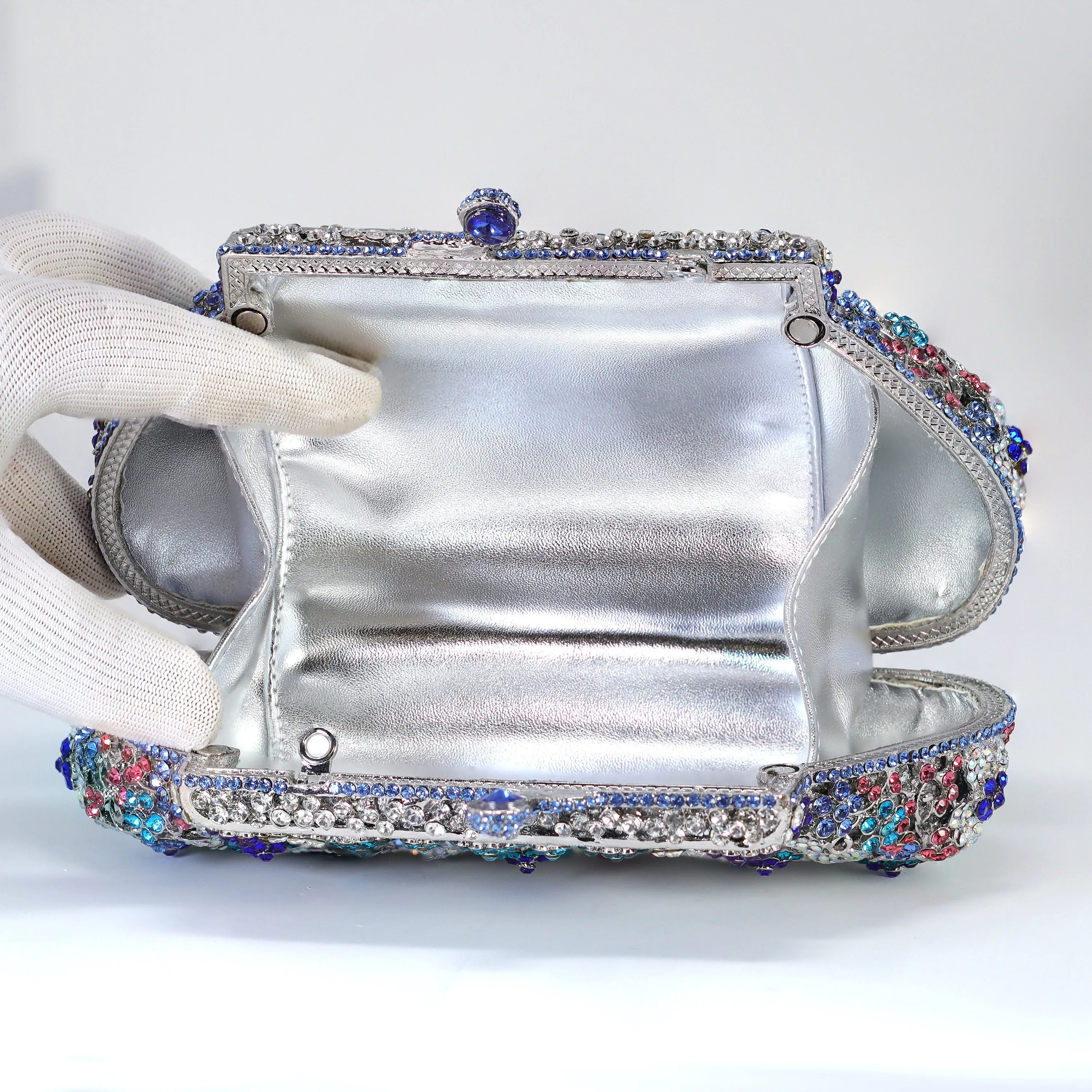 Silver Blue in Blues Floral Leaves Rhinestone Embellished Small Wedding Clutch, Statement Bag, Evening Wedding Clutch, Cross Body Bag