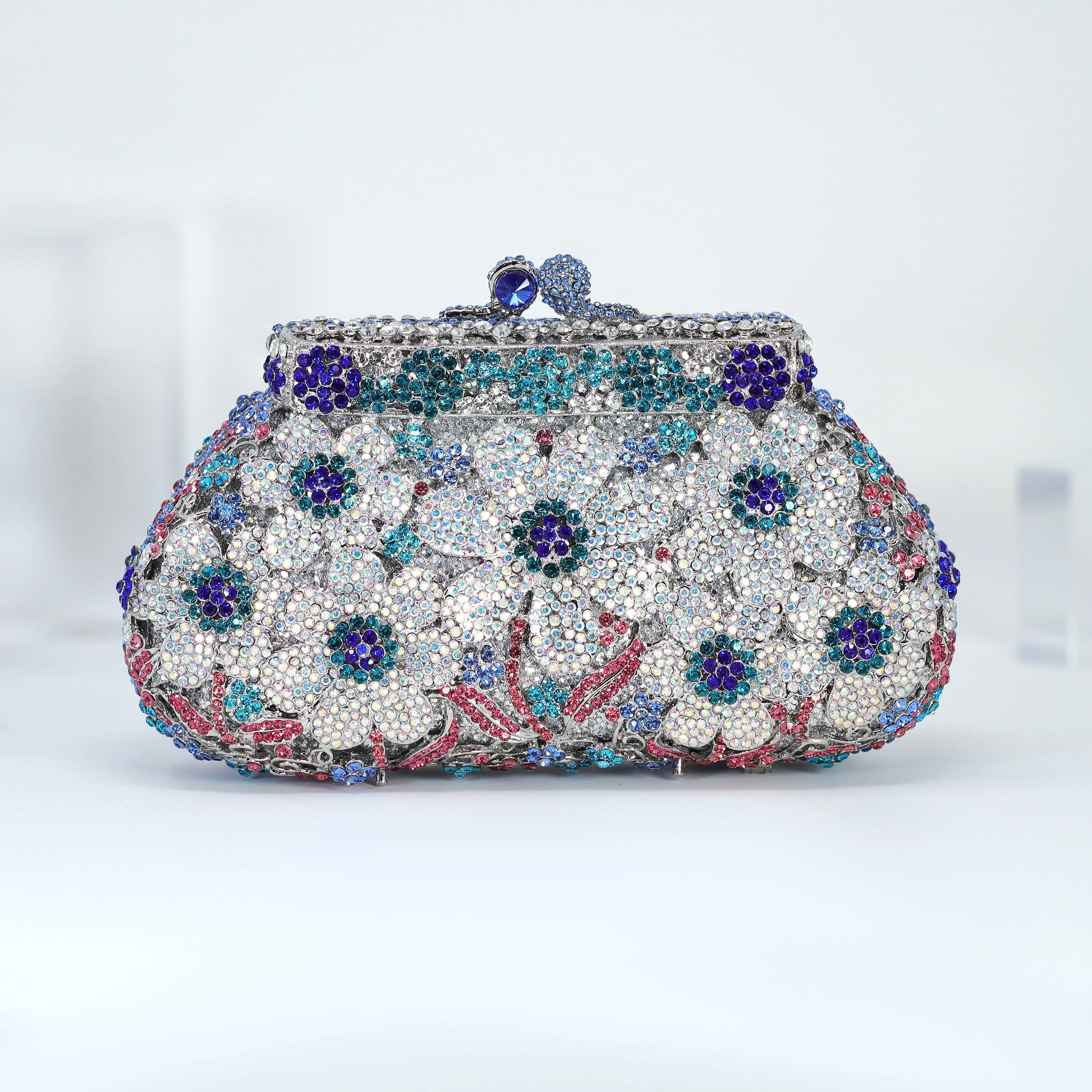 Silver Blue in Blues Floral Leaves Rhinestone Embellished Small Wedding Clutch, Statement Bag, Evening Wedding Clutch, Cross Body Bag