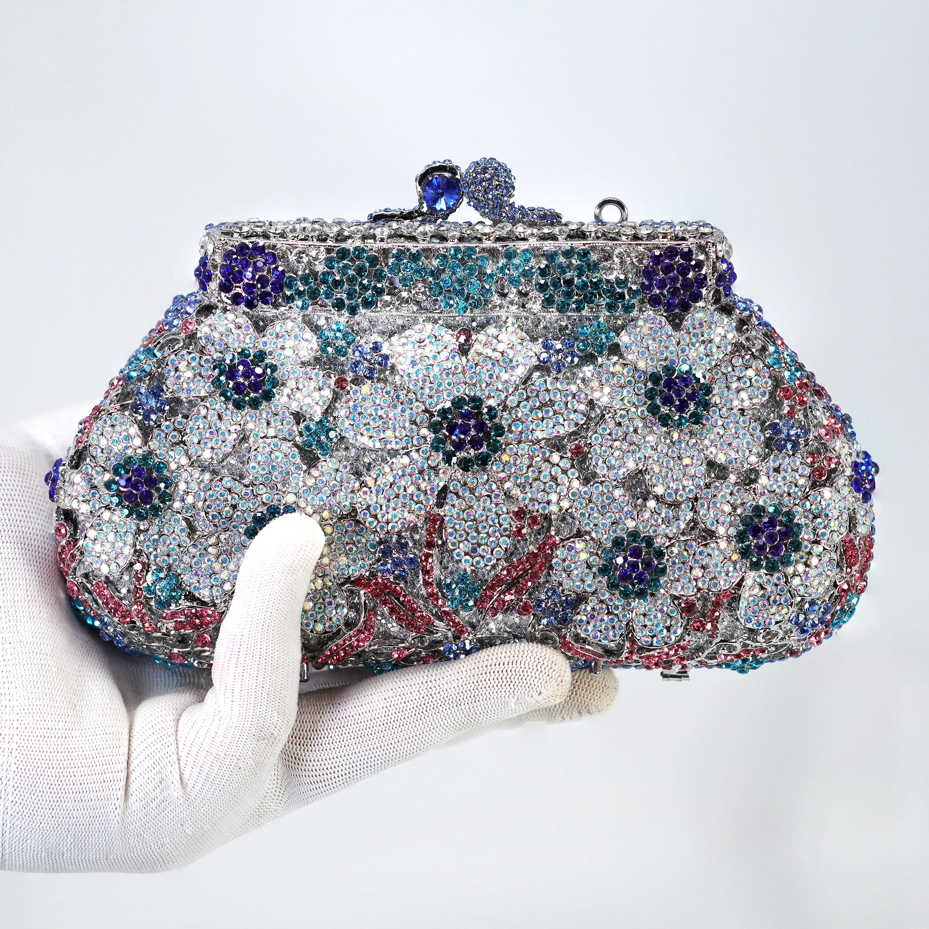 Silver Blue in Blues Floral Leaves Rhinestone Embellished Small Wedding Clutch, Statement Bag, Evening Wedding Clutch, Cross Body Bag