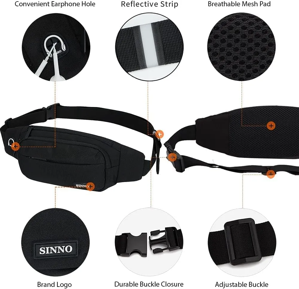 SINNO Large Crossbody Fanny Pack for Women Men Belt Bag With 4-Zipper Pockets for Travel Running Hiking Workout Dog Walking Outdoors Sport Fishing Waist Pack Bag Carrying All Phones