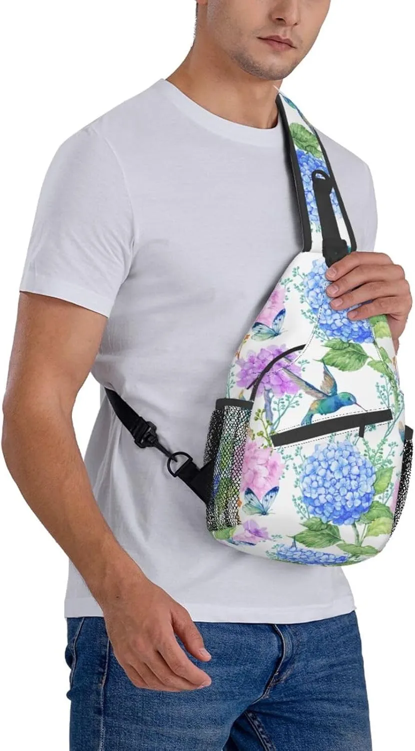 SUPLUCHOM Sling Bag Spring Hummingbird Flower Hydrangea Hiking Daypack Crossbody Shoulder Backpack Travel Chest Pack for Men Women Over 12 Years Old