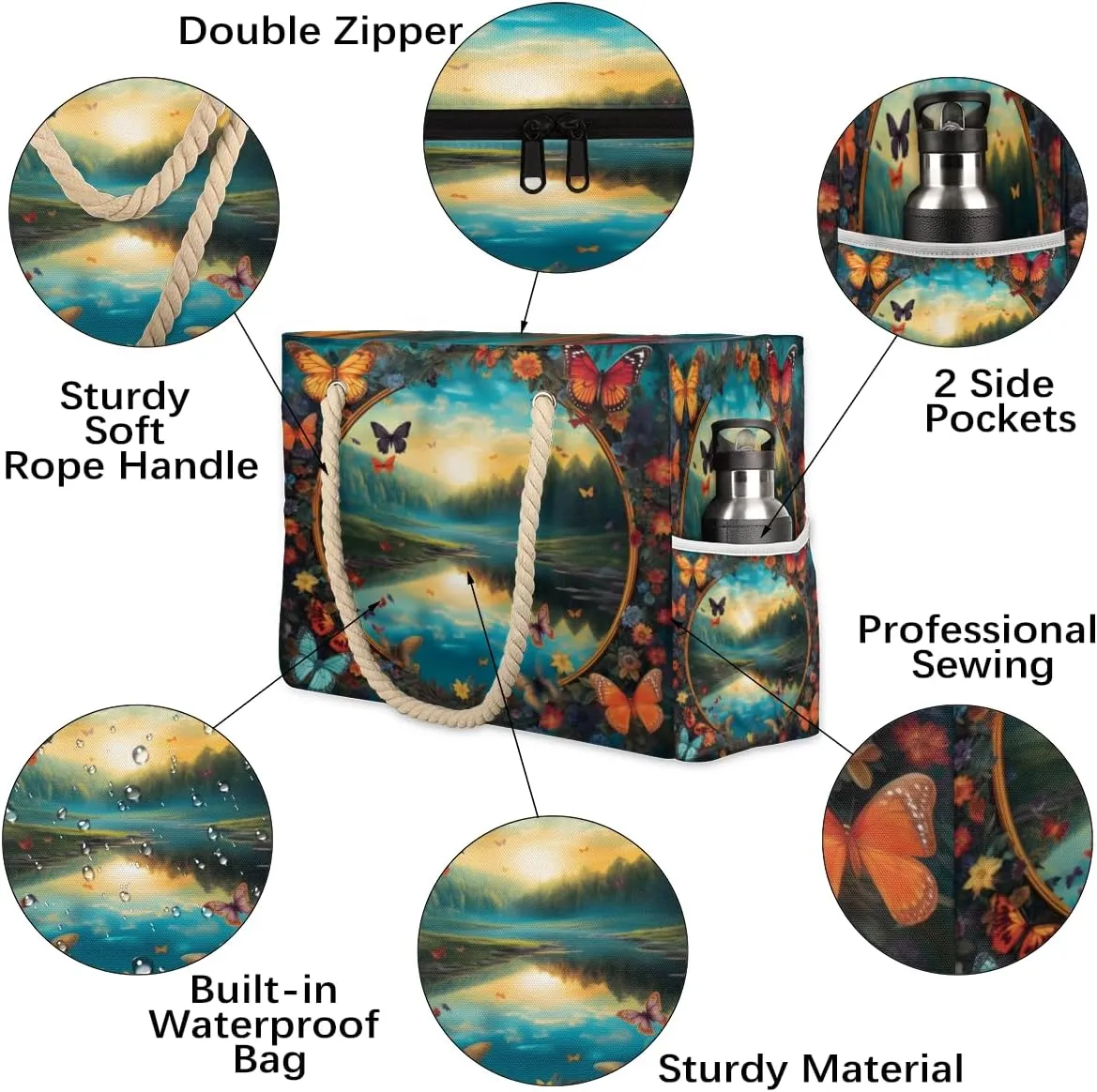 Tote Beach Bag for Women Large Zipper Beach Bags Waterproof Sandproof Gym Swim Pool Travel Bag