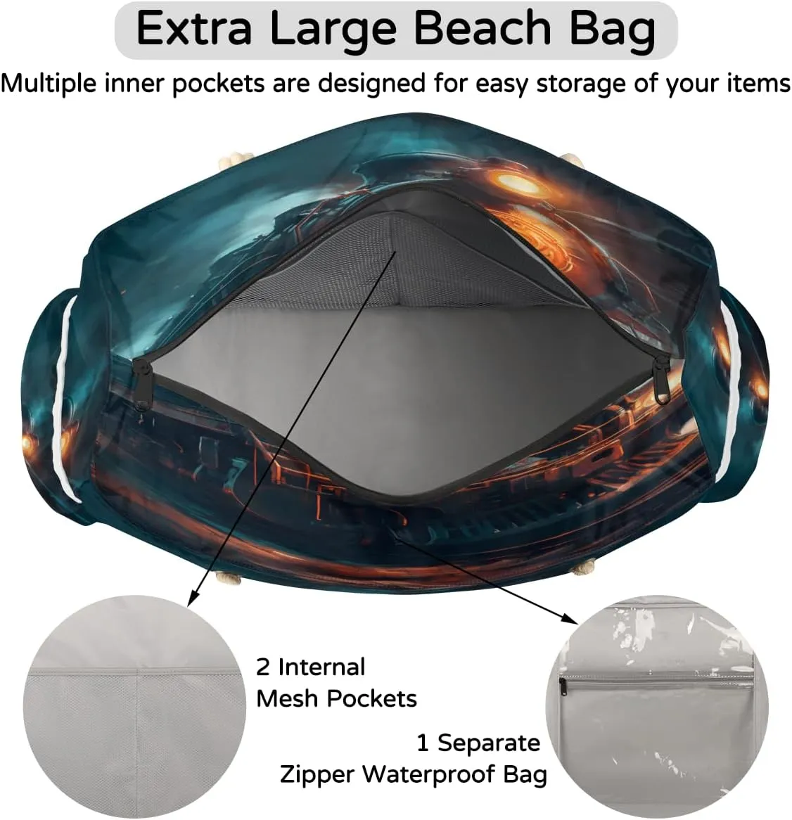 Tote Beach Bag for Women Large Zipper Beach Bags Waterproof Sandproof Gym Swim Pool Travel Bag