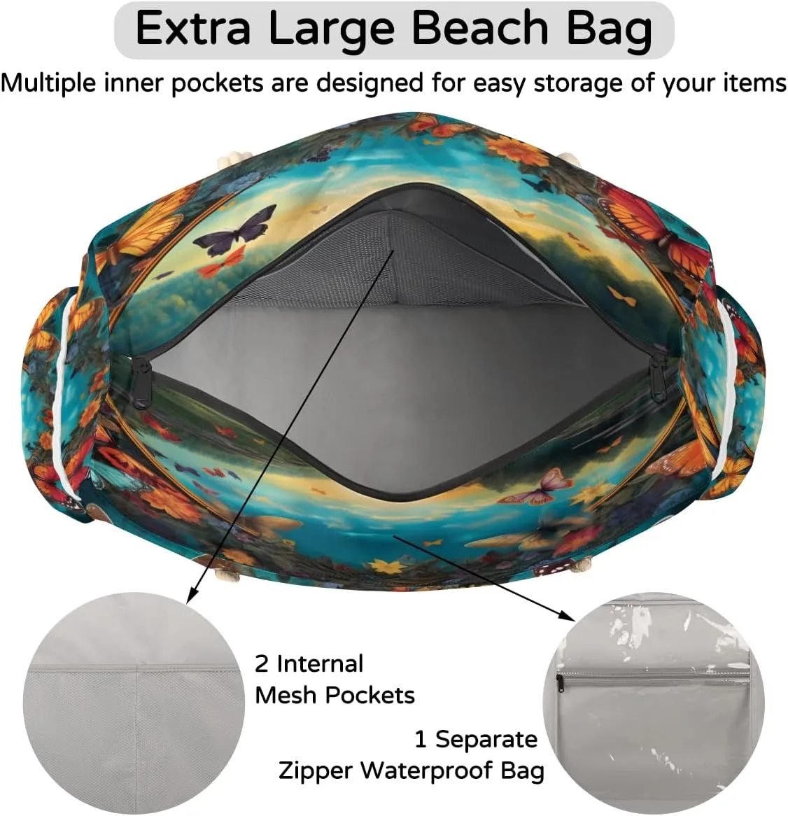 Tote Beach Bag for Women Large Zipper Beach Bags Waterproof Sandproof Gym Swim Pool Travel Bag
