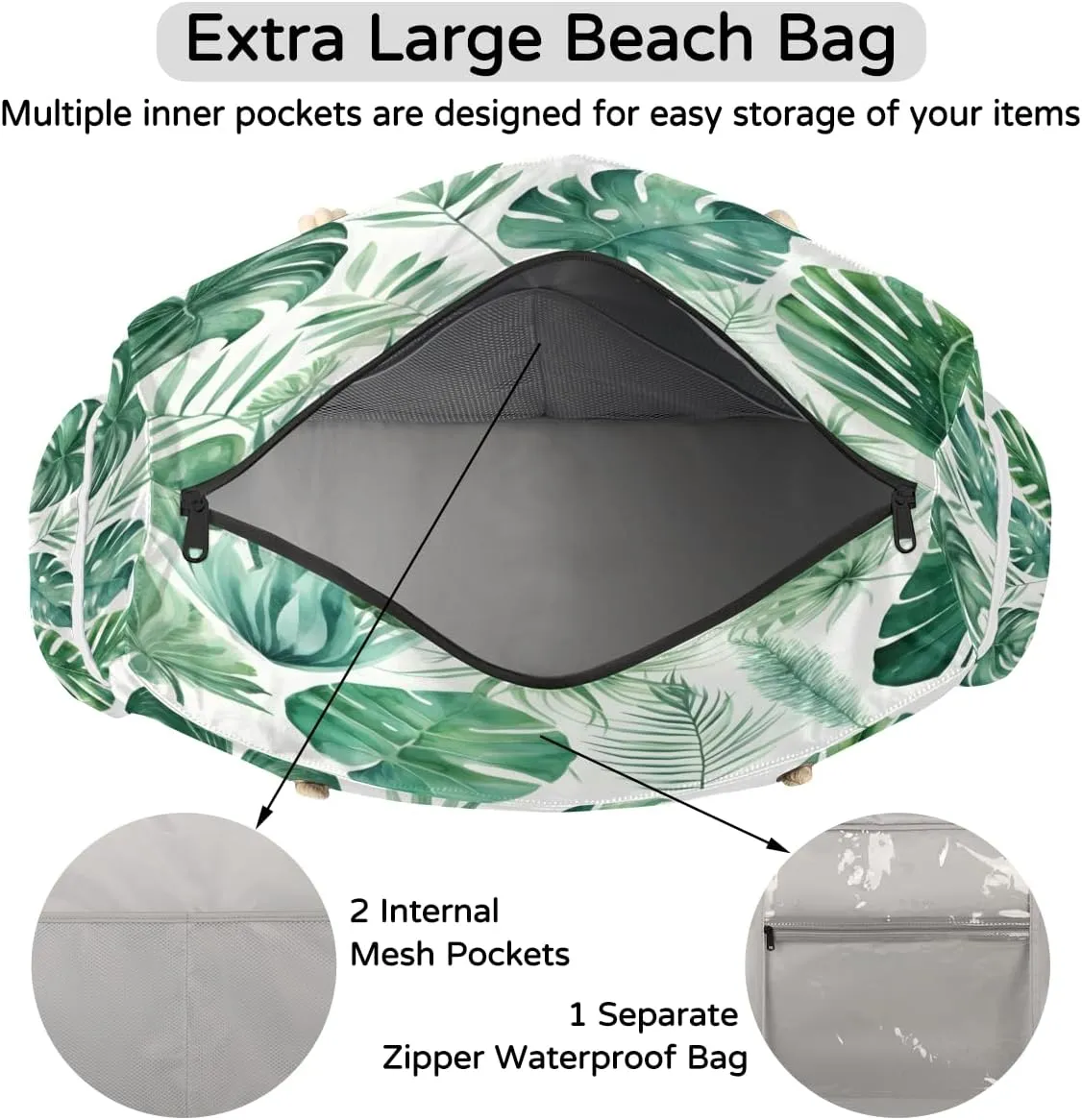 Tote Beach Bag for Women Large Zipper Beach Bags Waterproof Sandproof Gym Swim Pool Travel Bag