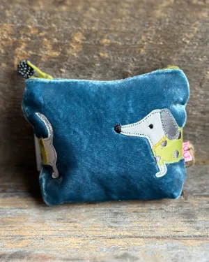 Velvet Embroidered Sausage Dog Mini Purse - Blue