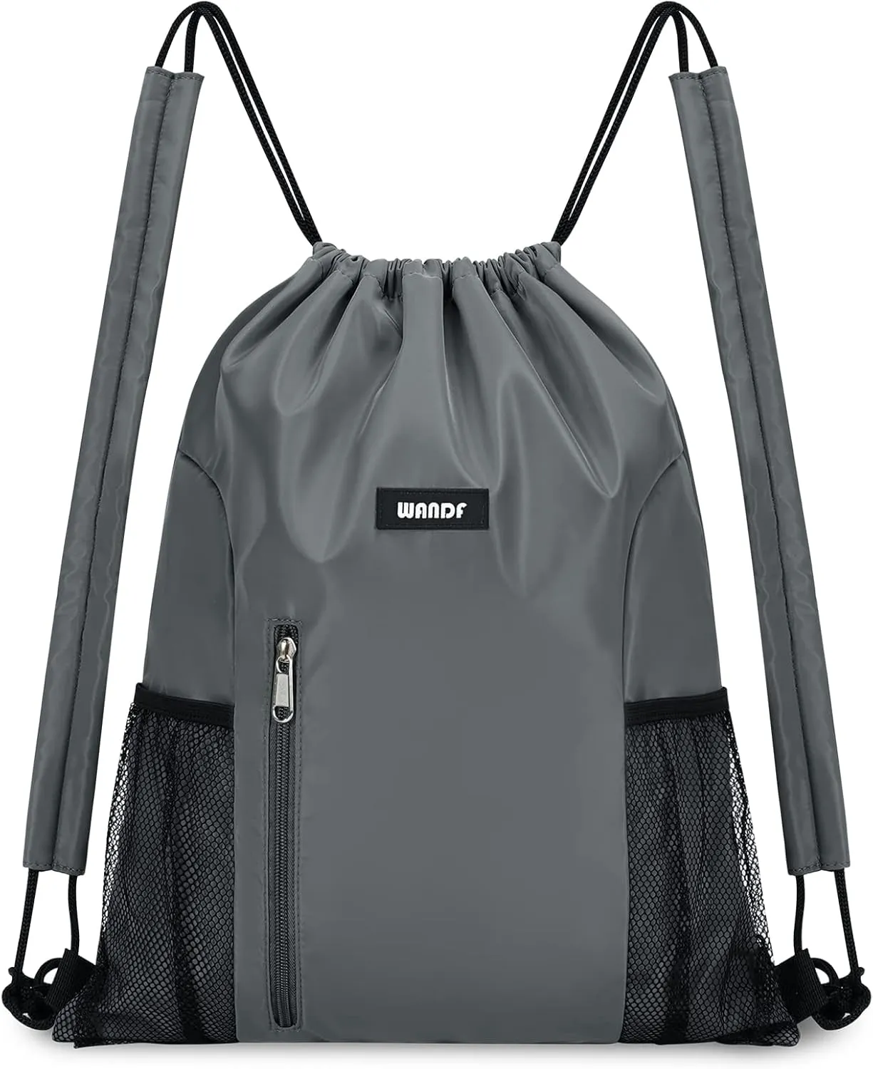 WANDF Drawstring Backpack with Shoulder Pad Sports Gym Backpack with Mesh Pocket String Bag for Women Men(Grey)