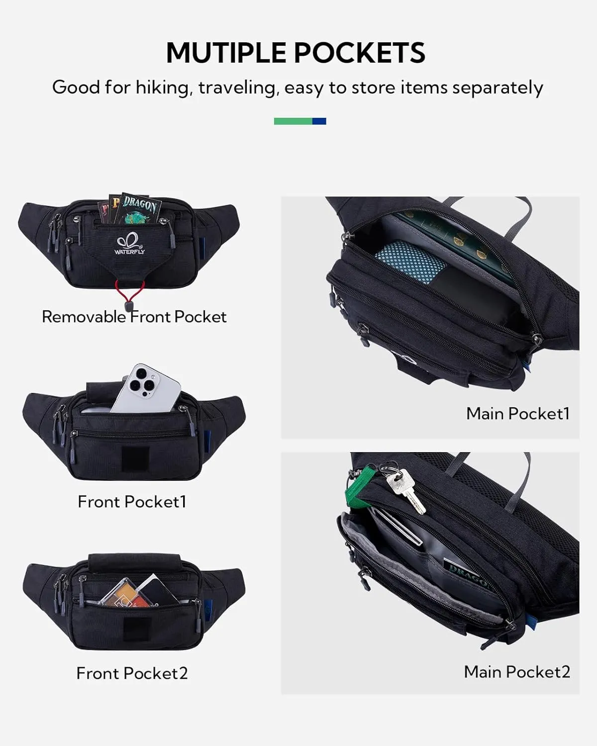 WATERFLY Large Fanny Pack Waist Bag: Multipocket Woman Man Waist Pack Runner Hip Pouch Purse Belt Bag Water Resistant Bum Bag Fit All Phones for Walking Jogging Running Cycling Travelling Hiking