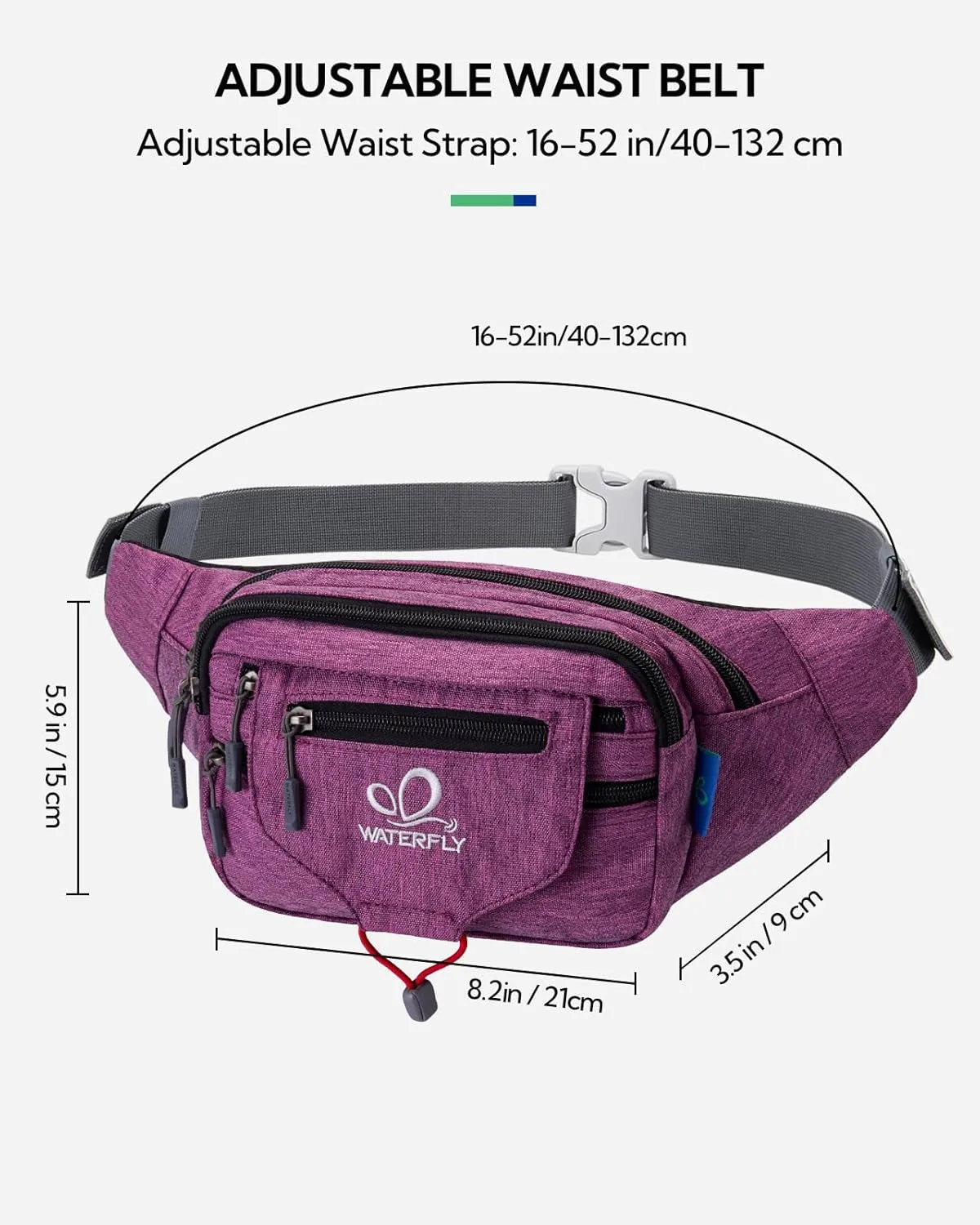 WATERFLY Large Fanny Pack Waist Bag: Multipocket Woman Man Waist Pack Runner Hip Pouch Purse Belt Bag Water Resistant Bum Bag Fit All Phones for Walking Jogging Running Cycling Travelling Hiking