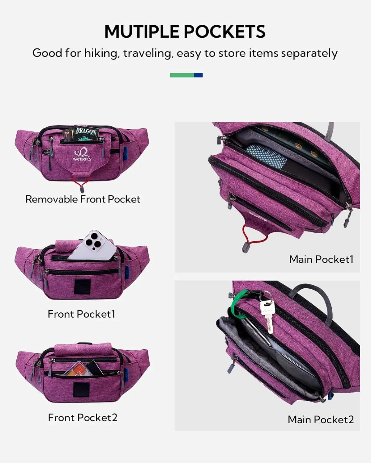 WATERFLY Large Fanny Pack Waist Bag: Multipocket Woman Man Waist Pack Runner Hip Pouch Purse Belt Bag Water Resistant Bum Bag Fit All Phones for Walking Jogging Running Cycling Travelling Hiking