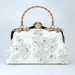White Silver Embroidered Floral Pearl Wedding Bag, Statement Bag, Evening Clutch, Wedding Clutch, Bridal Clutch, White Cross Body Bag