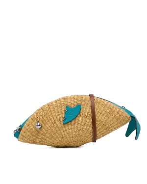 Wicker Fish Crossbody Bag with Leather Trim and Detachable Strap
