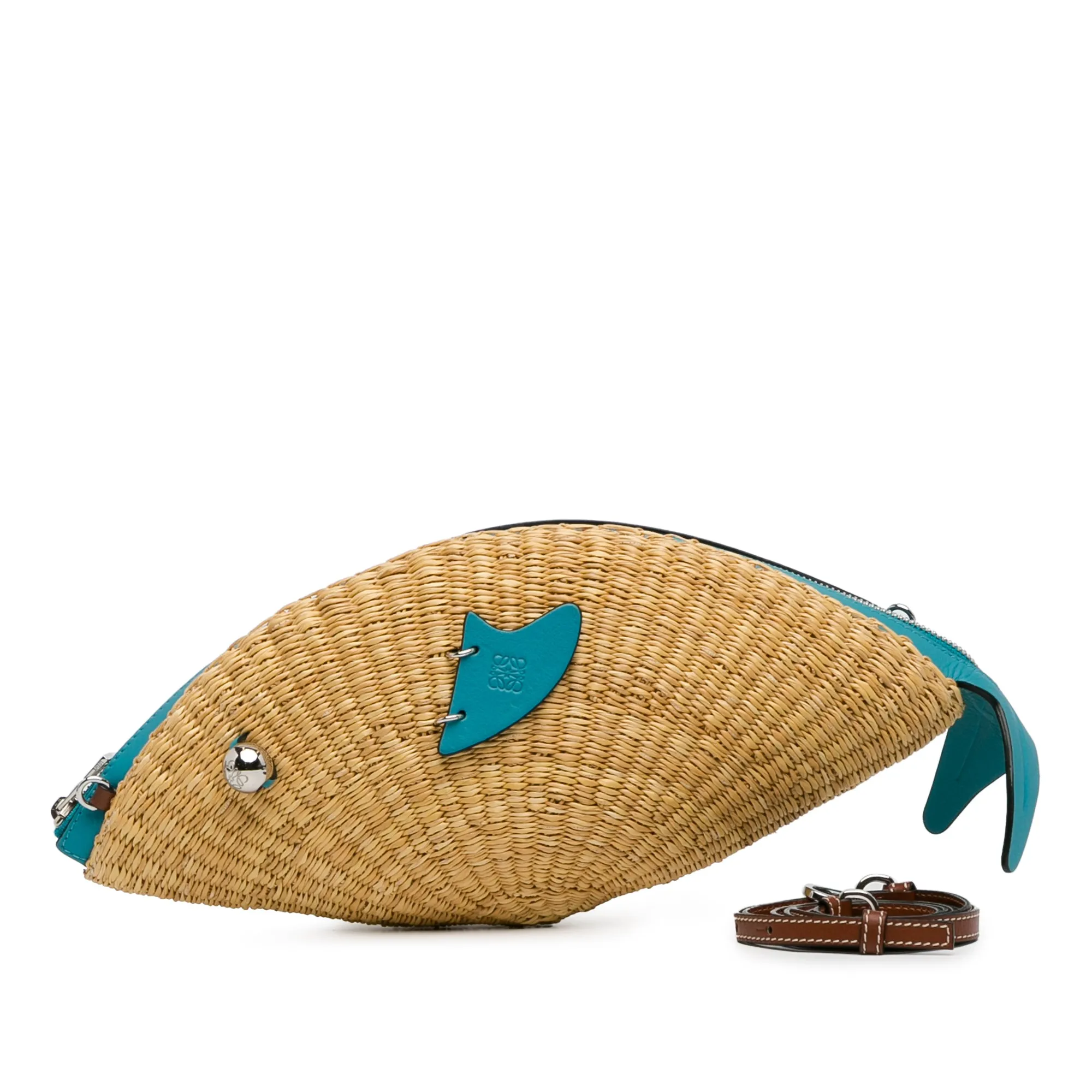 Wicker Fish Crossbody Bag with Leather Trim and Detachable Strap